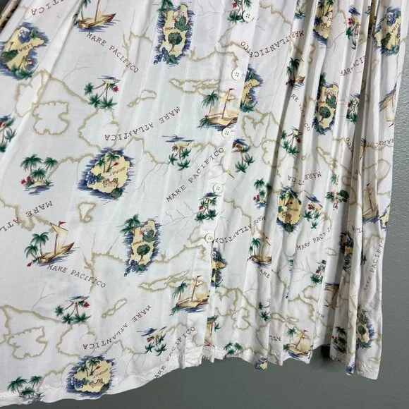 Vintage Full Button Midi Skirt Tropical Map Ocean Voyage Print w/ Pockets L - Picture 4 of 7